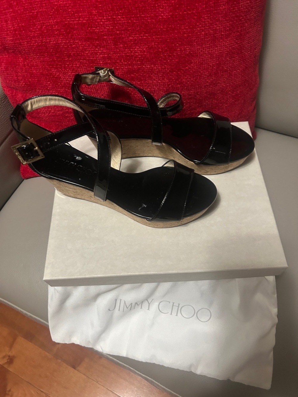 Jimmy Choo Black Patent Cork Wedge Sandals with Ankle Strap